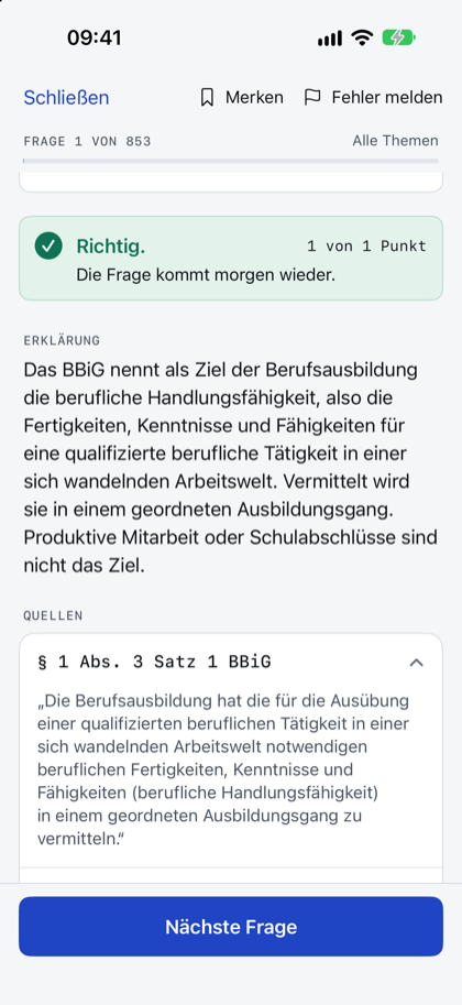 App-Screen Erklärung: Rückmeldung „Richtig.“ mit 1 von 1 Punkt, darunter die Erklärung und die Quelle § 1 Abs. 3 Satz 1 BBiG mit aufgeklapptem Gesetzestext.
