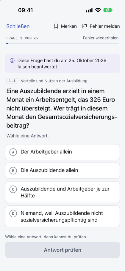 App-Screen Fehler wiederholen: Hinweis „Diese Frage hast du am 25. Oktober 2026 falsch beantwortet.“ über einer Frage zum Gesamtsozialversicherungsbeitrag mit vier Antworten.